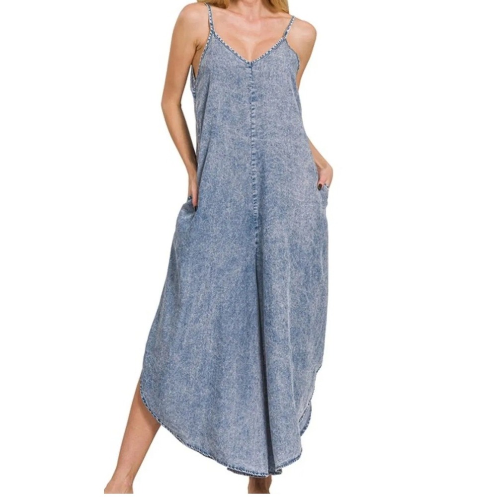 Zenana Acid Wash Lyocell Wide Leg Jumpsuit indigo Sleeveless Boho Romper Small